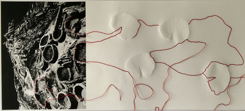 ASENTAMIENTO 1. Grabado gofrado hilo e imagen digital sobre papel Hahnemühle 350 g 55×24 cm / SETTLEMENT 1. Thread embossed engraving and digital image on Hahnemühle paper 350 g 55×24 cm