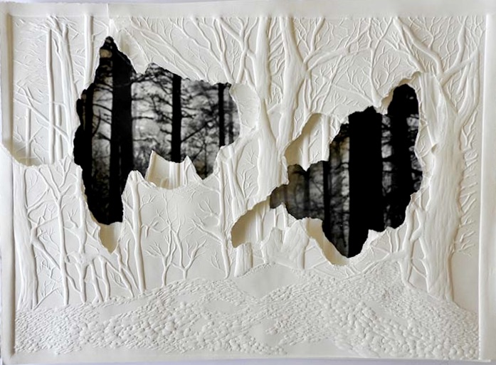 Grabado gofrado e imagen digital sobre 3 papeles superpuestos Rosa Espina de Hahnemühle de 300 g 55×40 cm - Premio a la producción gráfica Mª Teresa Toral en los XXIV Premios Nacionales de Grabado Fundación del Museo del Grabado Español Contemporáneo / Embossed engraving and digital image on 3 superimposed Hahnemühle Thorn Pink papers of 300 g 55×40 cm - Mª Teresa Toral graphic production award at the XXIV National Engraving Awards Foundation of the Museum of Contemporary Spanish Engraving