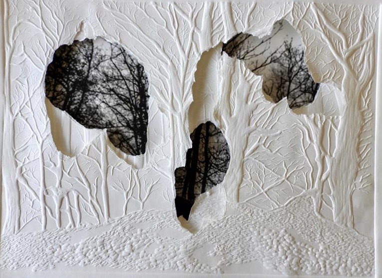 Grabado gofrado e imagen digital sobre 3 papeles superpuestos Rosa Espina de Hahnemühle de 300 g 55×40 cm - Obra seleccionada en el Certamen Nacional de Arte Gráfico para jóvenes creadores Calcografía Nacional Casa de la Moneda / Embossed engraving and digital image on 3 superimposed Hahnemühle Thorn Pink papers of 300 g 55×40 cm - Work selected in the National Graphic Art Contest for young creators National Chalcography Casa de la Moneda