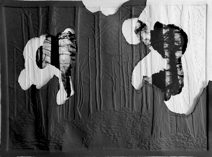 Grabado gofrado e imagen digital sobre 3 papeles superpuestos Rosa Espina de Hahnemühle y negro de 300 g 55×40 cm - Obra seleccionada en Certamen Novos Valores Diputación de Pontevedra. Museo de Pontevedra / Embossed engraving and digital image on 3 superimposed Hahnemühle Thorn Pink and black papers of 300 g 55×40 cm - Work selected in the Pontevedra Provincial Council Novos Valores Contest. Pontevedra Museum