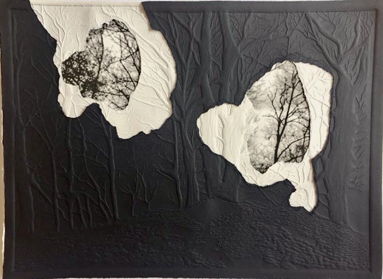 Grabado gofrado e imagen digital sobre 3 papeles superpuestos Rosa Espina de Hahnemühle y negro de 300 g 55×40 cm - Obra seleccionada en los XXIV Premios Nacionales de Grabado Fundación del Museo del Grabado Español Contemporáneo / Embossed engraving and digital image on 3 superimposed Hahnemühle Thorn Pink and black papers of 300 g 55×40 cm - Work selected for the XXIV National Engraving Awards Museum of Contemporary Spanish Engraving Foundation