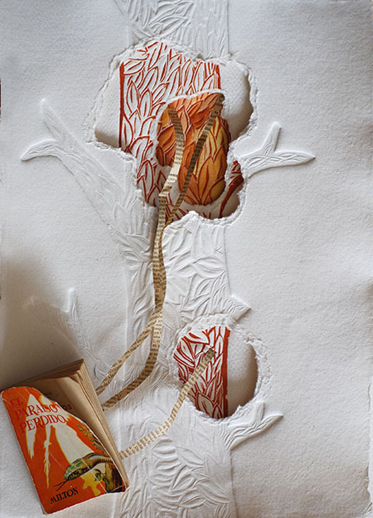 JARDÍN ENCONTRADO Grabado técnica mixta (planchas talladas en linograbado, una en gofrado y collage en diferentes materiales) 48×59 cm / FOUND GARDEN Mixed technique engraving (carved plates in linocut, one in embossing and collage in different materials) 48×59 cm