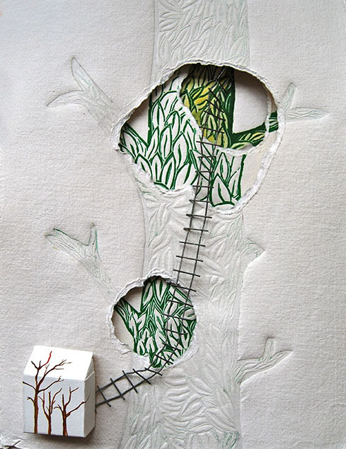 JARDÍN ESPERADO Grabado técnica mixta (planchas talladas en linograbado, una en gofrado y collage en diferentes materiales) 48×59 cm / EXPECTED GARDEN Mixed technique engraving (carved plates in linocut, one in embossing and collage in different materials) 48×59 cm