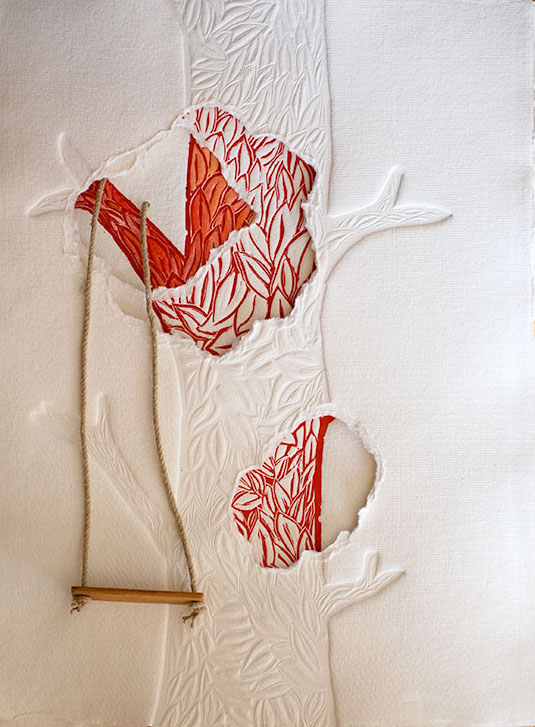 JARDÍN RECORDADO Grabado técnica mixta (planchas talladas en linograbado, una en gofrado y collage en diferentes materiales) 48×59 cm / REMEMBERED GARDEN Mixed technique engraving (carved plates in linocut, one in embossing and collage in different materials) 48×59 cm